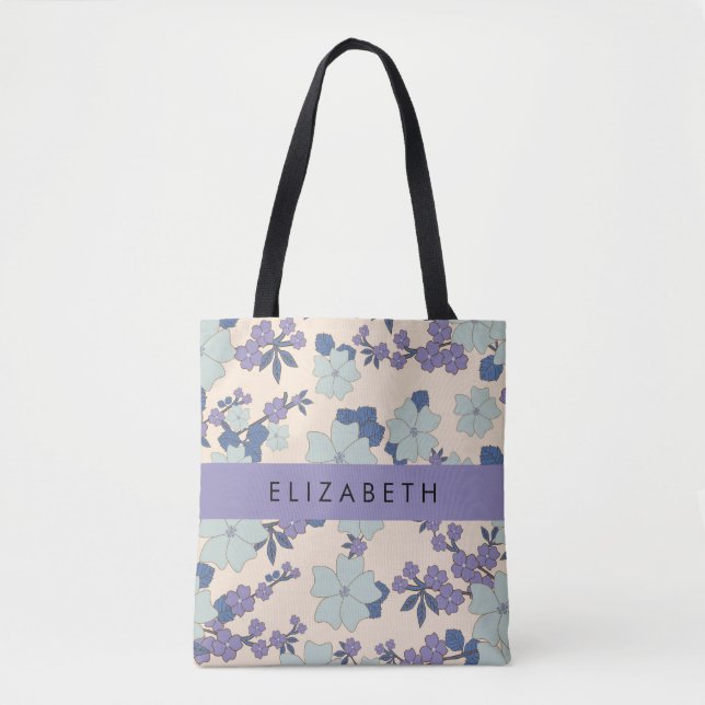 Tote Bag Fleurs Bleues, Fleurs Violettes, Floral, Votre Nom (Devant)