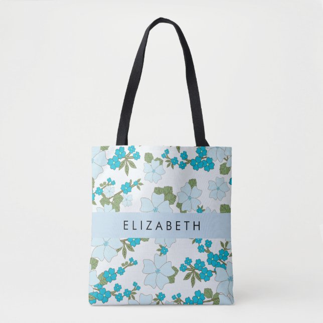 Tote Bag Fleurs Bleues, Motif De Fleurs, Votre Nom (Devant)