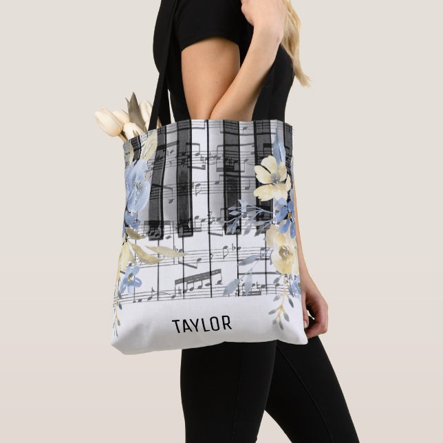 Tote Bag fleurs bleues musique notes piano (De près)