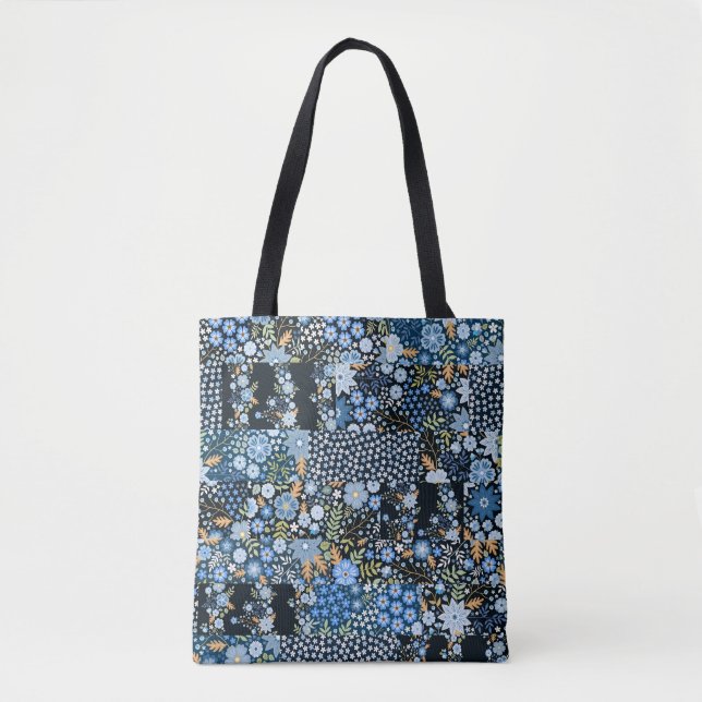 Tote Bag Fleurs Bleues Patchwork : Tissu sans couture. (Devant)