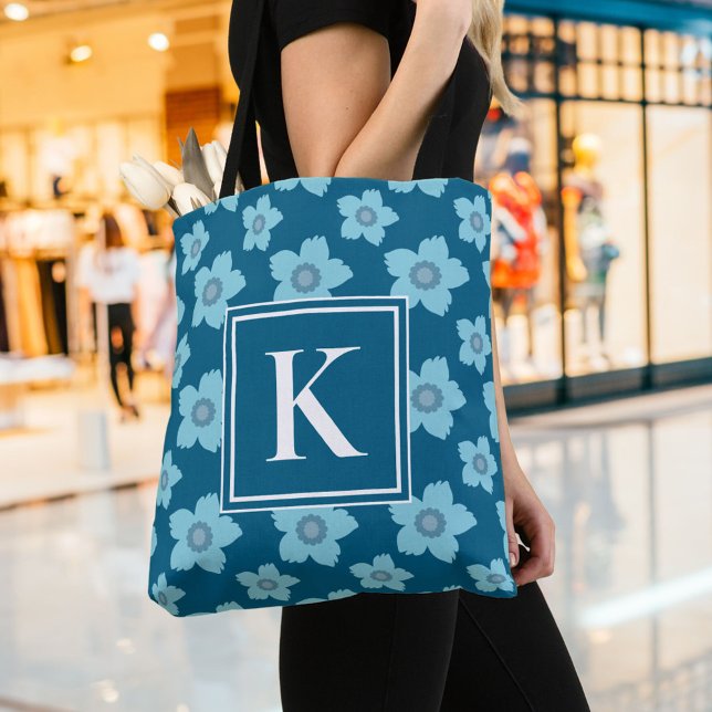 Tote Bag Fleurs bleues sur Monogramme Arrière - plan bleu (Créateur téléchargé)