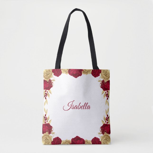 Tote Bag fleurs bordeaux et feuilles dorées blanches (Devant)