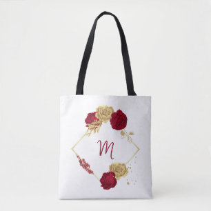 Tote Bag fleurs bordeaux et feuilles dorées blanches