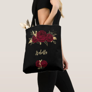 Tote Bag fleurs bordeaux or feuille noir