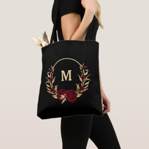 Tote Bag fleurs bordeaux or feuille noir
