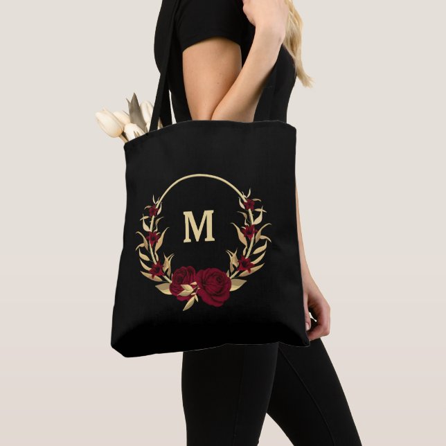 Tote Bag fleurs bordeaux or feuille noir (De près)