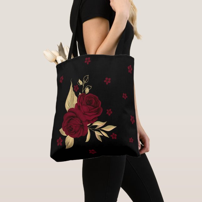 Tote Bag fleurs bordeaux or feuille noir (De près)