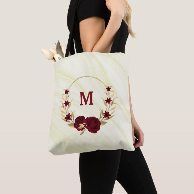 Tote Bag fleurs bordeaux or marbre feuille (De près)
