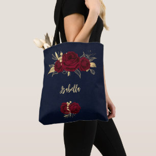 Tote Bag fleurs bordeaux or marine feuille