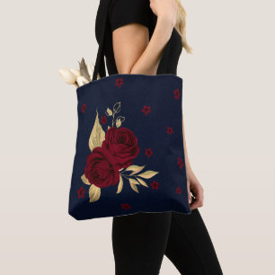 Tote Bag fleurs bordeaux or marine feuille
