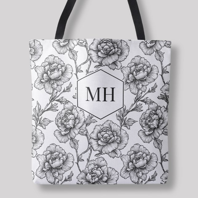 Tote Bag Fleurs botaniques élégantes à motif floral monogra (Black Monogram Floral Elegant Botanical Flowers Tote Bag)
