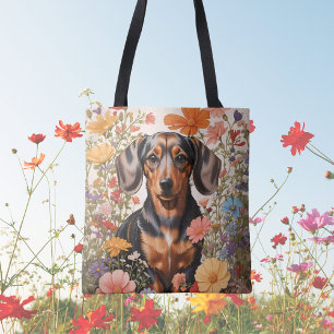 Tote Bag Fleurs Brown De Dachshund Et Cosmos