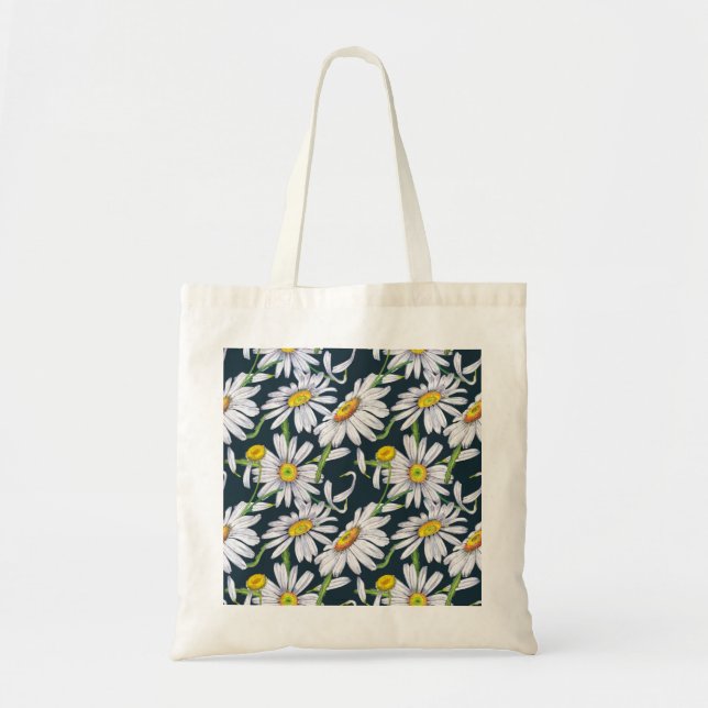 Tote Bag Fleurs chamomiles : Aquarelle bleu foncé. (Devant)