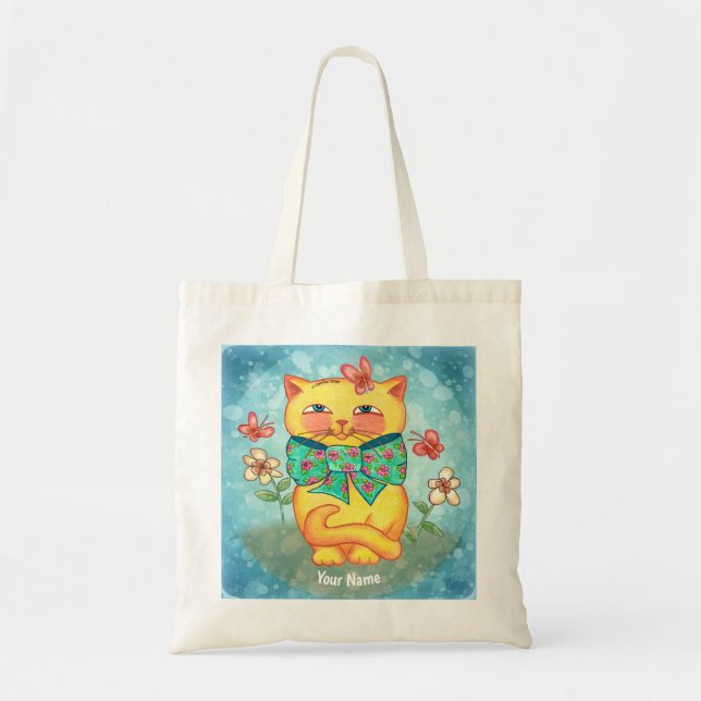 Tote Bag Fleurs Chat Jaune (Devant)