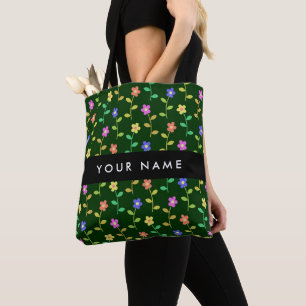Tote Bag Fleurs colorées, Arrière - plan vert, Noir