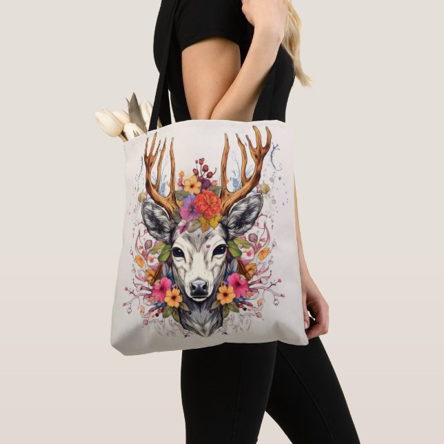 Tote Bag Fleurs colorées Boho Deer (De près)