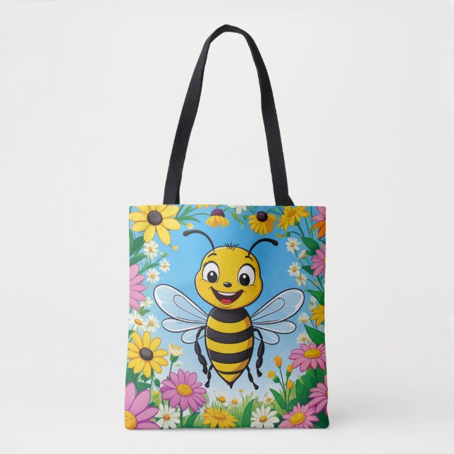 Tote Bag Fleurs colorées d'abeille de dessin (Devant)