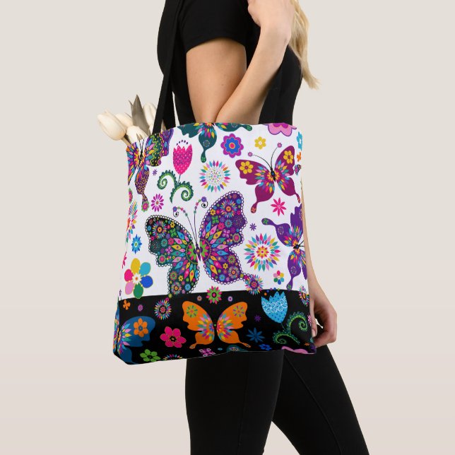 Tote Bag Fleurs colorées et papillons motif (De près)