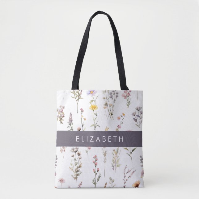 Tote Bag Fleurs colorées, Fleurs sauvages, Verdure, Votre N (Devant)