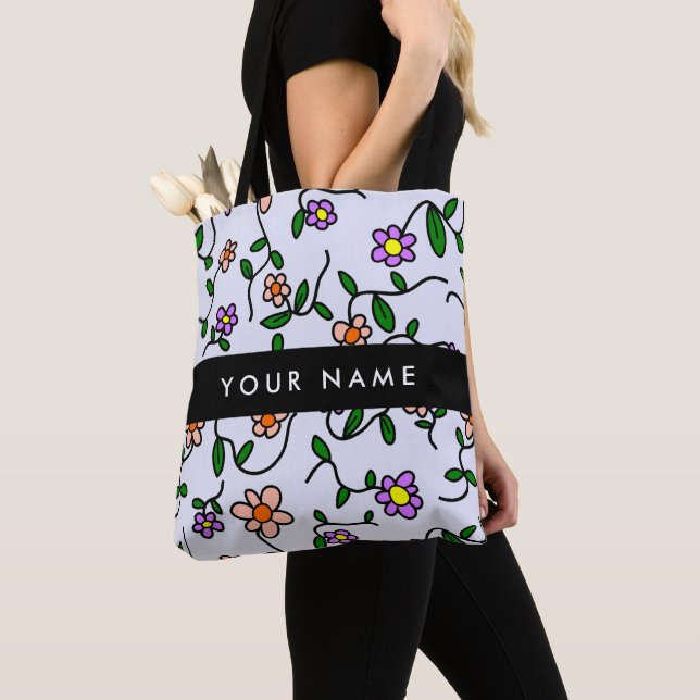 Tote Bag Fleurs Colorées, Fond Bleu, Noir (De près)