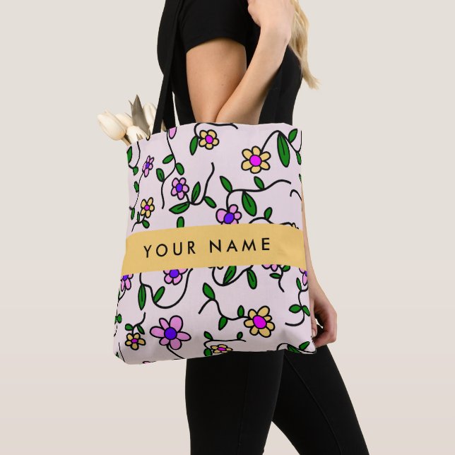 Tote Bag Fleurs Colorées, Fond Rose, Jaune (De près)