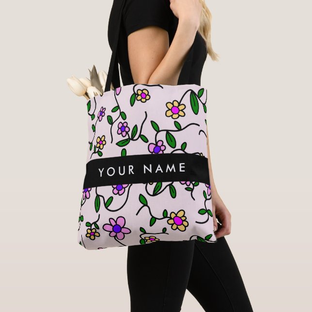 Tote Bag Fleurs Colorées, Fond Rose, Noir (De près)
