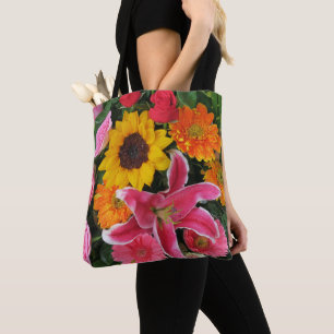 Tote Bag fleurs+ colorées, gnome de jardin+, calla+ l