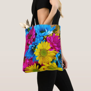 Tote Bag Fleurs colorées, marguerites - Rose Jaune Bleu