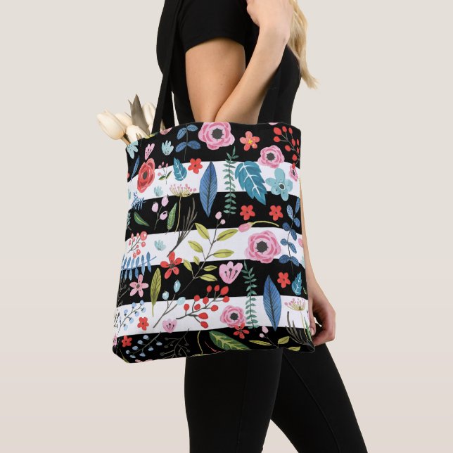 Tote Bag Fleurs colorées sur bandes noires et blanches (De près)