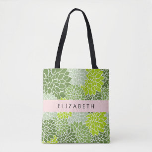 Tote Bag Fleurs Dahlia Vertes, Motif Floral, Votre Nom