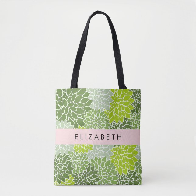 Tote Bag Fleurs Dahlia Vertes, Motif Floral, Votre Nom (Devant)