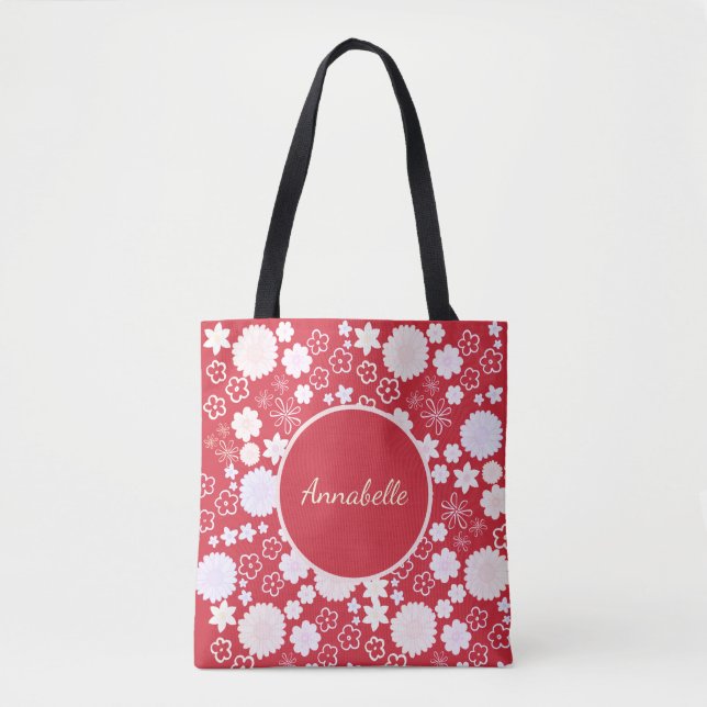 Tote Bag Fleurs dans le motif Floral rouge personnalisé nom (Devant)