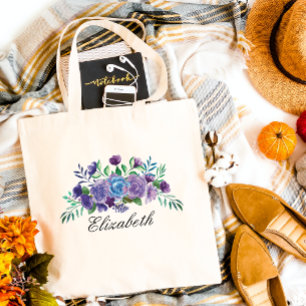 Tote Bag Fleurs d'aquarelle bleu pourpre Bridesmaid Cadeau