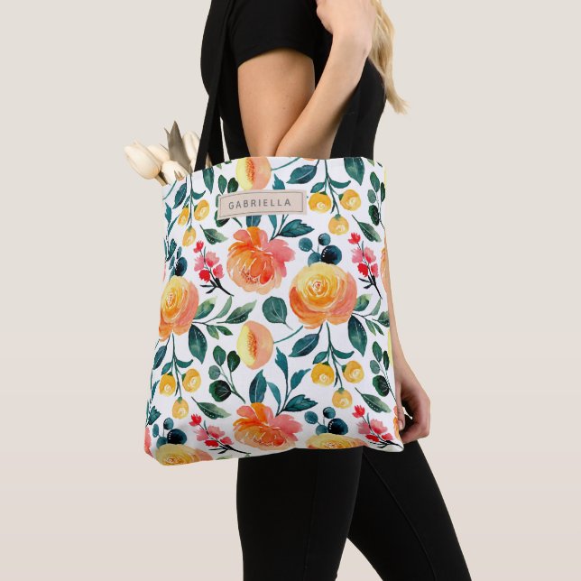 Tote Bag Fleurs d'aquarelle orange rustique personnalisées (De près)