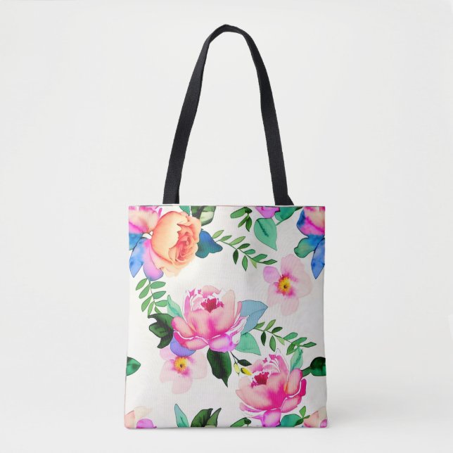 Tote Bag fleurs d'aquarelle rose (Devant)