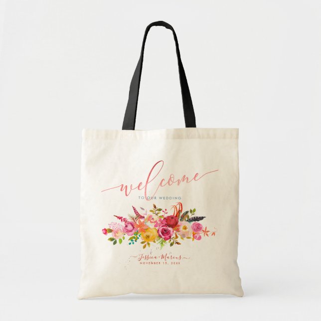 Tote Bag Fleurs d'aquarelle rose Boho Accueil (Devant)