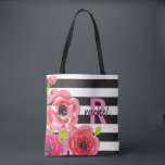Tote Bag Fleurs d'aquarelle rose et rayures Monogrammes<br><div class="desc">Fleurs d'aquarelle Fleurs d'aquarelle vives roses (roses) et bandes noires et blanches. Très tendance. Fleurs d'aquarelle brillantes sur l'avant du sac avec votre nom & les parties génitales et d'aquarelle rose avec une pointe de parties scintillant d'or sur le dos! Design aquarelle peint à la main. Peut être facilement customisé...</div>
