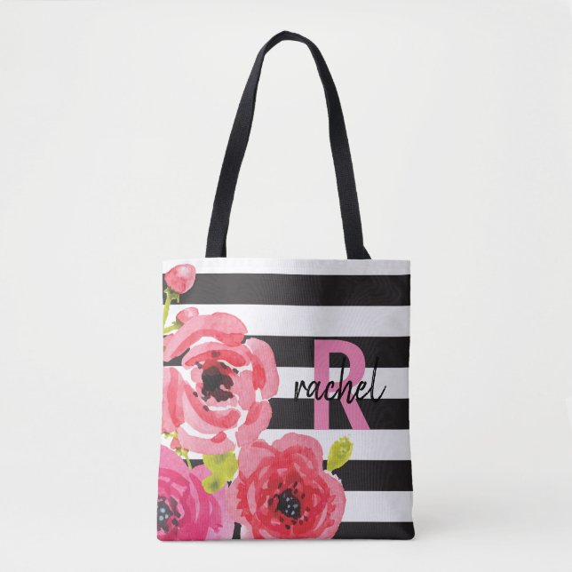 Tote Bag Fleurs d'aquarelle rose et rayures Monogrammes (Devant)