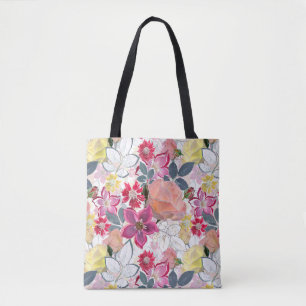 Tote Bag Fleurs d'aquarelle rose et rouge.