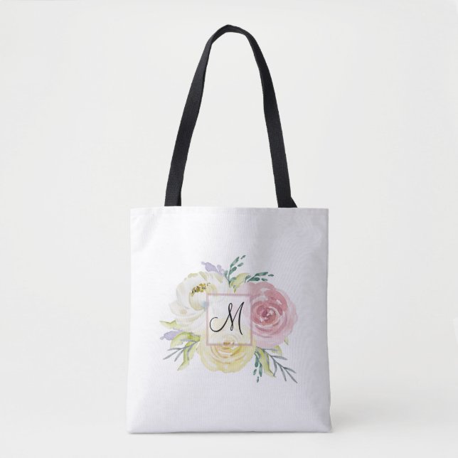 Tote Bag Fleurs d'aquarelle rose monogramme (Devant)