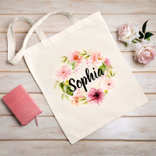 Tote Bag Fleurs d'aquarelle rose Nom de la servante (Créateur téléchargé)