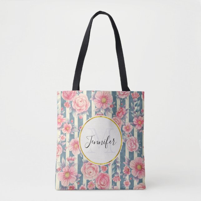 Tote Bag Fleurs d'aquarelle rose sur bandes Monogramme (Devant)