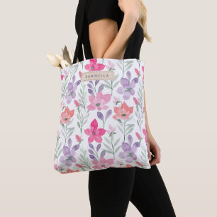 Tote Bag Fleurs d'aquarelle rose violet Floral Personnalisé