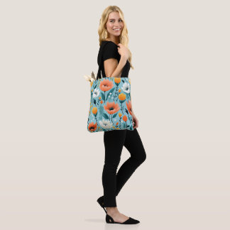 Tote Bag fleurs d'art coloré-aqua, blanc, pêche, jaune,