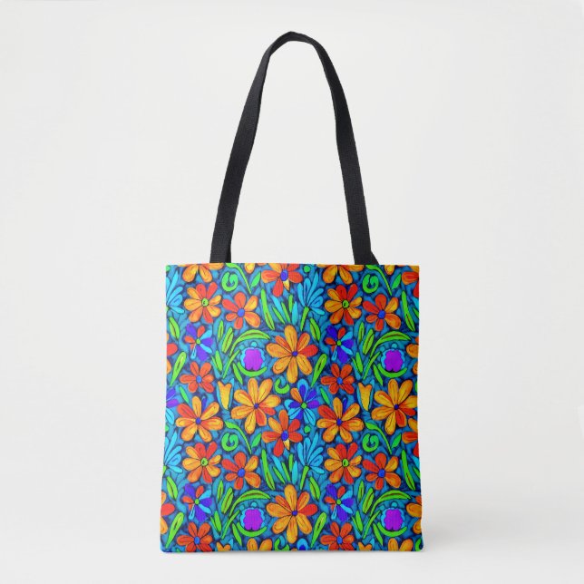 Tote Bag Fleurs d'art populaire colorées vives (Devant)