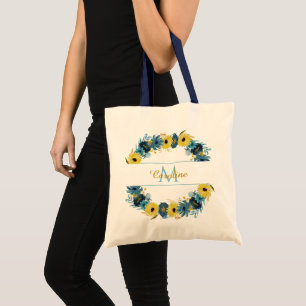Tote Bag Fleurs d'automne en or bleu Monogramme de couronne