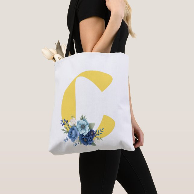 Tote Bag Fleurs de Bleu Poussiéreux Monogramme Initiale Jau (De près)