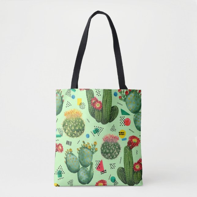 Tote Bag Fleurs de cactus : Aquarelle Arrière - plan géomét (Devant)