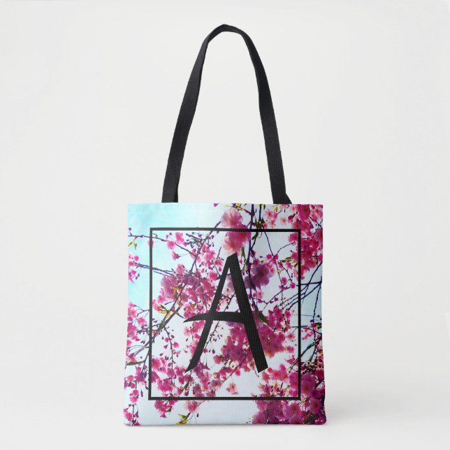 Tote Bag Fleurs de cerisiers roses - monogrammed (Devant)