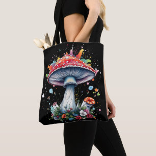 Tote Bag Fleurs de champignon Bois Planche colorée